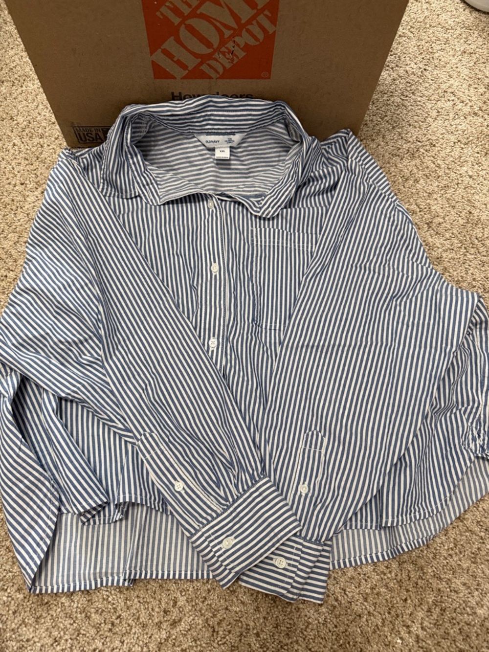 Women’s Crop Blue and White Button-Up Shirt - Classic Long Sleeve
